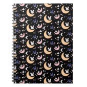 Kawaii Cute Rabbit, Moon and Stars Pattern - Black Notitieboek (Voorkant)
