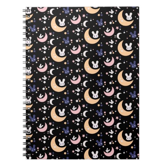 Kawaii Cute Rabbit, Moon and Stars Pattern - Black Notitieboek (Voorkant)