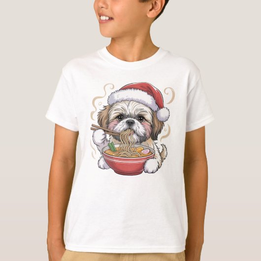 Kawaii Cute Santa Shih Tzu Eating Ramen T-shirt (Voorkant)
