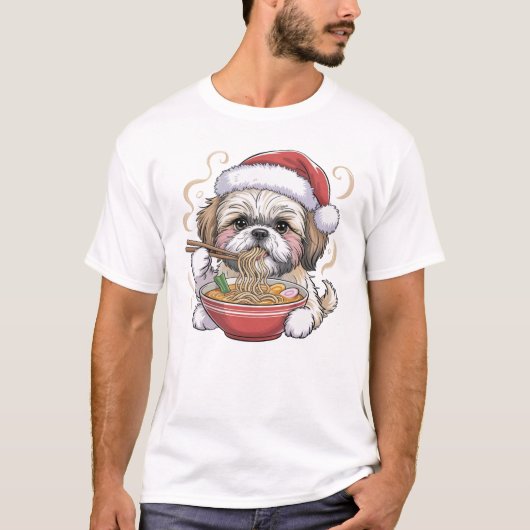 Kawaii Cute Santa Shih Tzu Eating Ramen T-shirt (Voorkant)