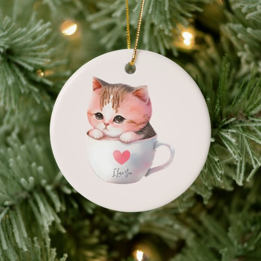 Kawaii Cute Striped Pink Chibi Cat Keramisch Ornament (Boom)