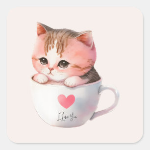 Kawaii Cute Striped Pink Chibi Cat Vierkante Sticker