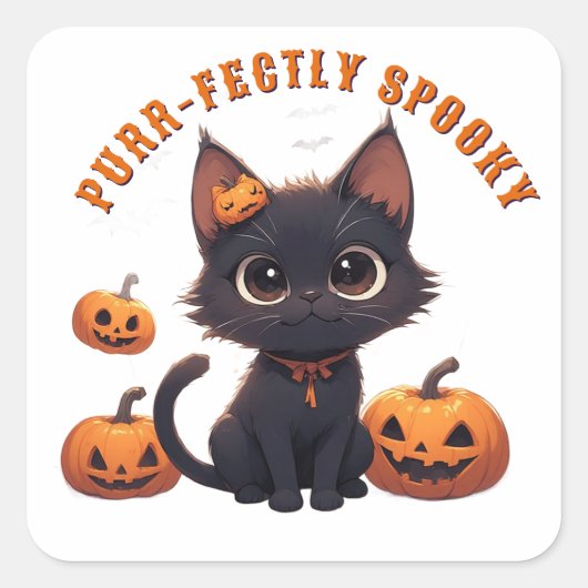 Kawaii Cute Zwarte Kat Halloween 🎃 Vierkante Sticker (Voorkant)