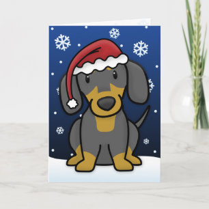 Kawaii Dachshund Christmas Kaart (Zwart & Tan)
