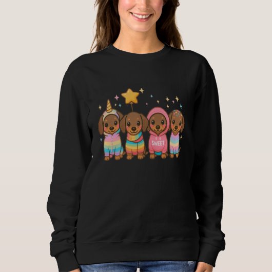 Kawaii Dachshund Puppy Squad Pastel Rainbow Cute C Trui (Voorkant)