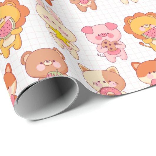 Kawaii Dieren met voedsel Cadeaupapier (Rol Hoek)