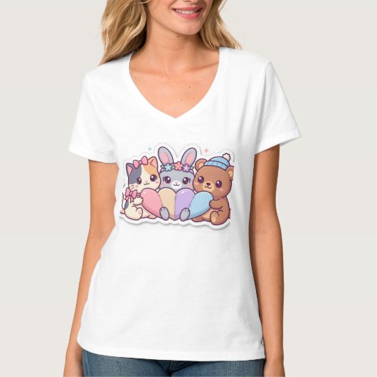 Kawaii Dieren Vrienden Hart T-Shirt (Voorkant)