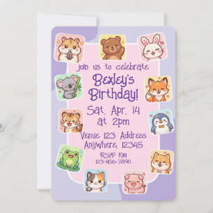 Kawaii Diersticker Roze Paars Verjaardag Kaart