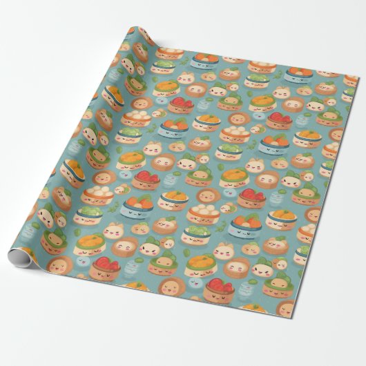 Kawaii Dim Sum Zondag Patroon Cadeaupapier (Uitgerold)
