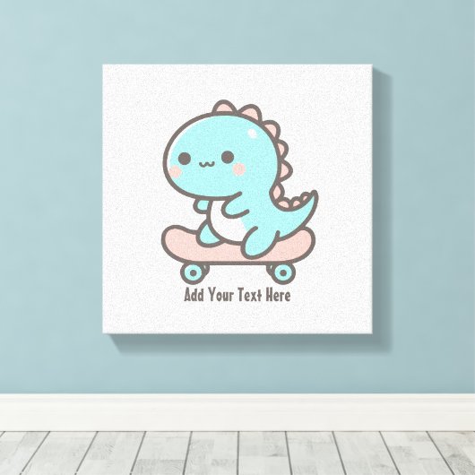 Kawaii Dino op skateboard gepersonaliseerde tekst Canvas Afdruk (Insitu (Houten vloer))