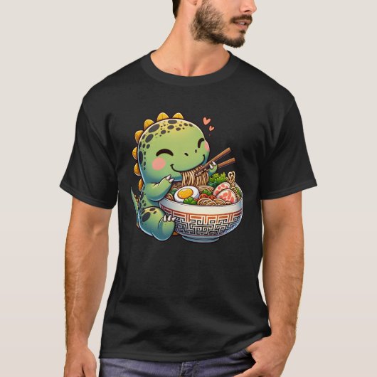 Kawaii Dinosaur Eten Ramen Noodle Anime T-shirt (Voorkant)
