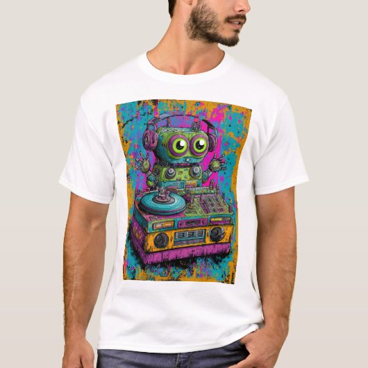 Kawaii DJ Robot — Neon Splatter Turntable Art T-shirt (Voorkant)