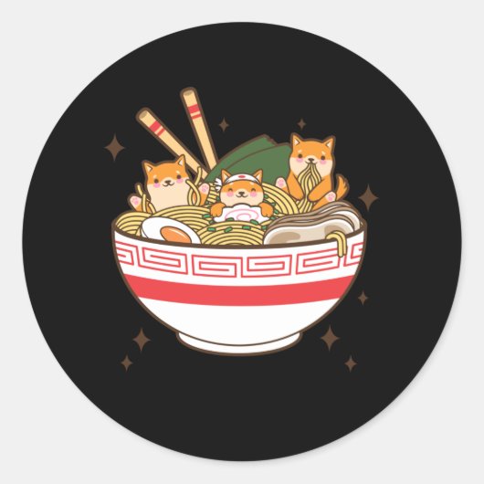 Kawaii dogs eating Ramen Ronde Sticker (Voorkant)