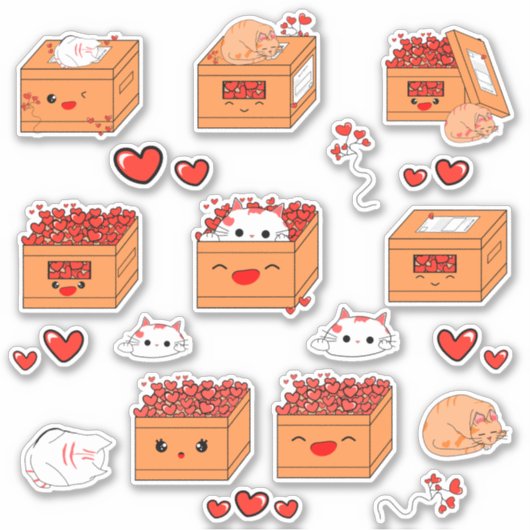 Kawaii Doos van Harten en Schattigee Kitten Vinyl  Sticker (Voorkant)