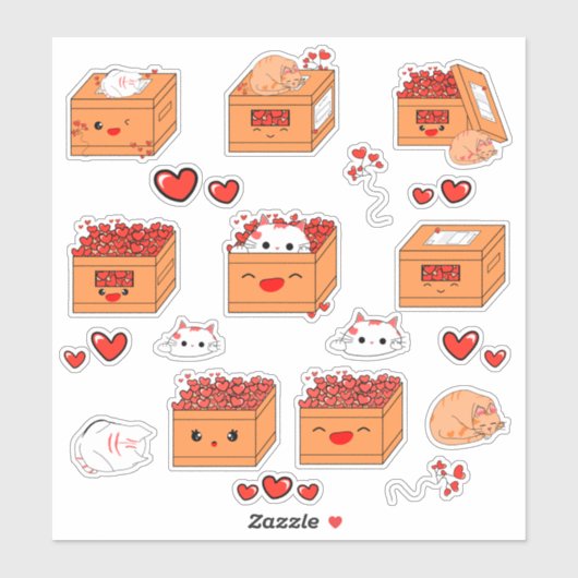 Kawaii Doos van Harten en Schattigee Kitten Vinyl  Sticker (Vel)