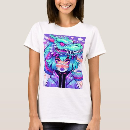 Kawaii Dragon Headaddress Girl in Vaporwave Skies T-shirt (Voorkant)