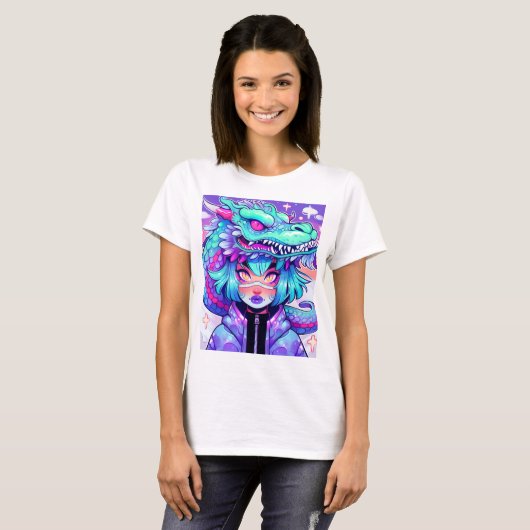 Kawaii Dragon Headaddress Girl in Vaporwave Skies T-shirt (Voorkant volledig)