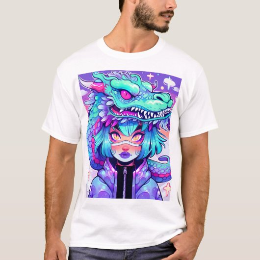 Kawaii Dragon Headaddress Girl in Vaporwave Skies T-shirt (Voorkant)