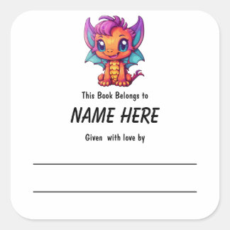 Kawaii Dragon kinderboekenplaat met bericht Vierkante Sticker