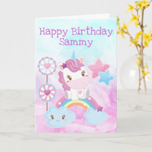 Kawaii Dreamweaver Unicorn Rainbow Cloud Happy Bir Kaart (Gele Bloem)