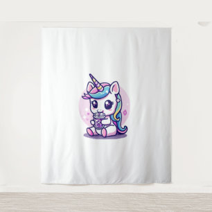 Kawaii Eenhoorn eet Ramen Noedel Soep Cute Grafiek Wandkleed
