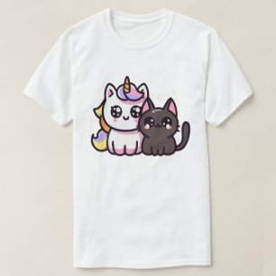 Kawaii Eenhoorn en Zwarte Kat Schattige Fantasie K T-shirt