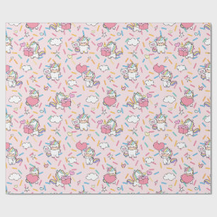 Kawaii Eenhoorn & Hartjes Patroon op Roze Cadeaupapier