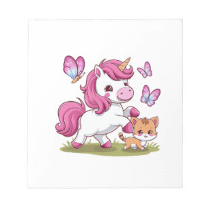 Kawaii eenhoorn met kat en vlinders Lange mouw Notitieblok