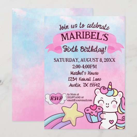 Kawaii Eenhoorn Regenboog Roze Blauw Verjaardag Kaart (Voorkant / Achterkant)