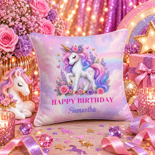 Kawaii Eenhoorn Verjaardagsmeisje Roze Regenboog K Kussen