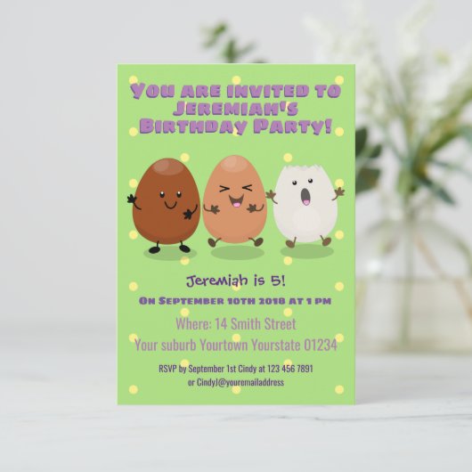 Kawaii eggs funny cartoon kaart (Staand voorkant)