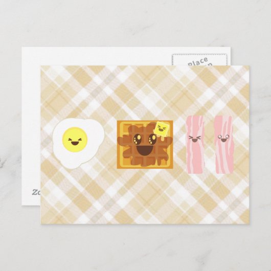 kawaii eggs waffle bacle breakfast briefkaart (Voorkant / Achterkant)
