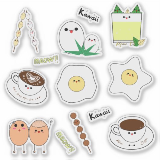 Kawaii eieren en koffie sticker (Voorkant)