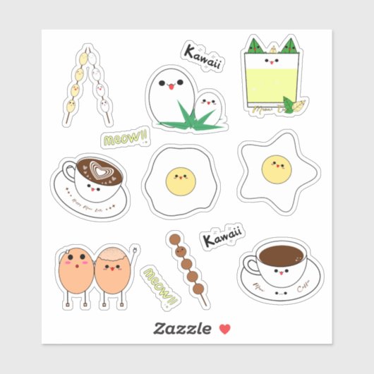 Kawaii eieren en koffie sticker (Vel)