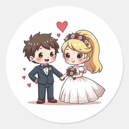 Kawaii Fairy Tale Wedding – Chibi Paar Ronde Sticker (Voorkant)