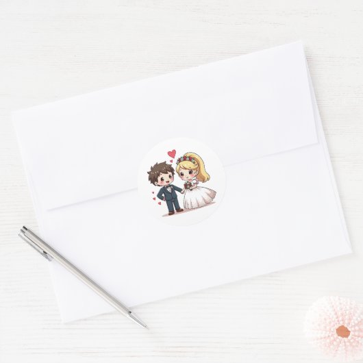 Kawaii Fairy Tale Wedding – Chibi Paar Ronde Sticker (Envelop)