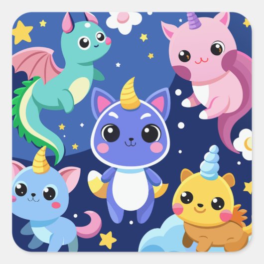 Kawaii Fantasy Creatures Vierkante Sticker (Voorkant)