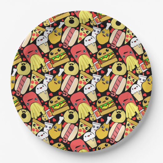 Kawaii Fast Foodie Characters Pattern Papieren Bordje (Voorkant)