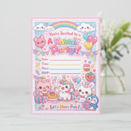 Kawaii-feestuitnodiging – Cute Pastel Verjaardag  Kaart