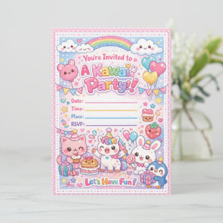 Kawaii-feestuitnodiging – Cute Pastel Verjaardag  Kaart