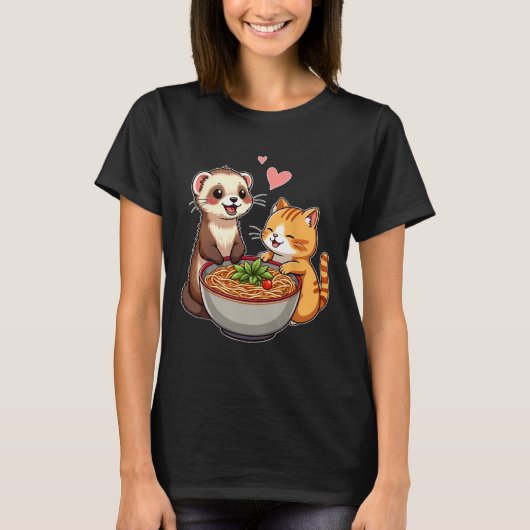 Kawaii Ferret en Cat Eating Ramen Schattige Japans T-shirt (Voorkant)
