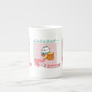 kawaii food- schattige melk en koekjes, roze, turq porselein kop