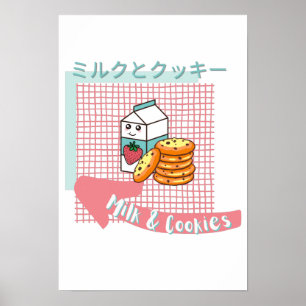 kawaii food- schattige melk en koekjes, roze, turq poster