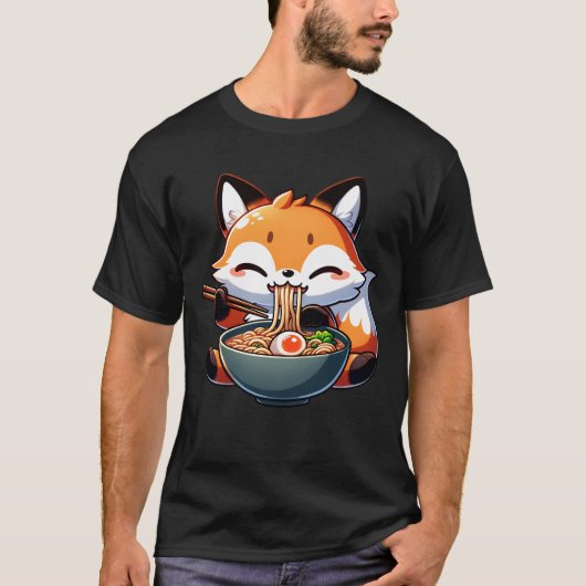 Kawaii Fox Eten Ramen Noodle Anime Japans T-shirt (Voorkant)