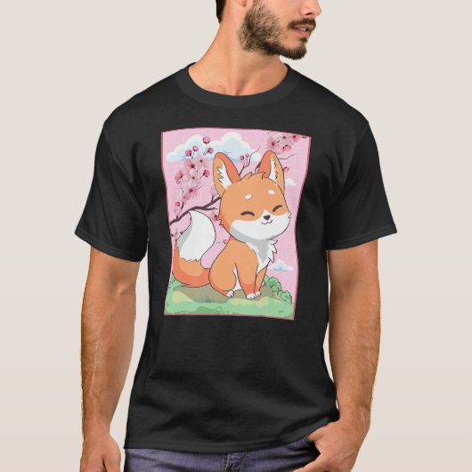 Kawaii Fox Japanese Kitsune Sakura Cherry Blossom T-shirt (Voorkant)