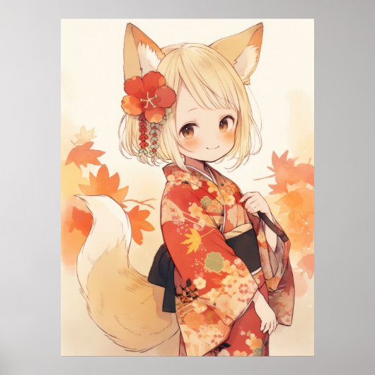 Kawaii Fox Met Kimono Poster (Voorkant)