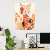 Kawaii Fox Met Kimono Poster (Thuiskantoor)