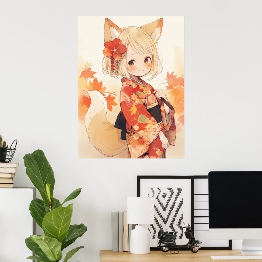 Kawaii Fox Met Kimono Poster (Thuiskantoor)