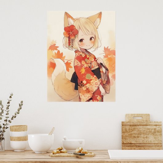 Kawaii Fox Met Kimono Poster (Keuken)
