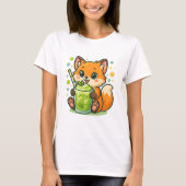 Kawaii Fox met Matcha Latte – Schattigee groene th T-shirt (Voorkant)